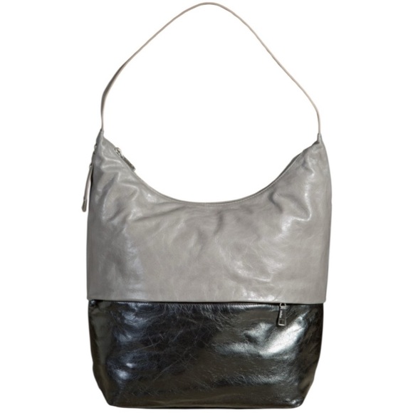 Hobo Joyce Two Tone Leather Shoulder Bag Stone Black Zip Top Carryall - Picture 13 of 16